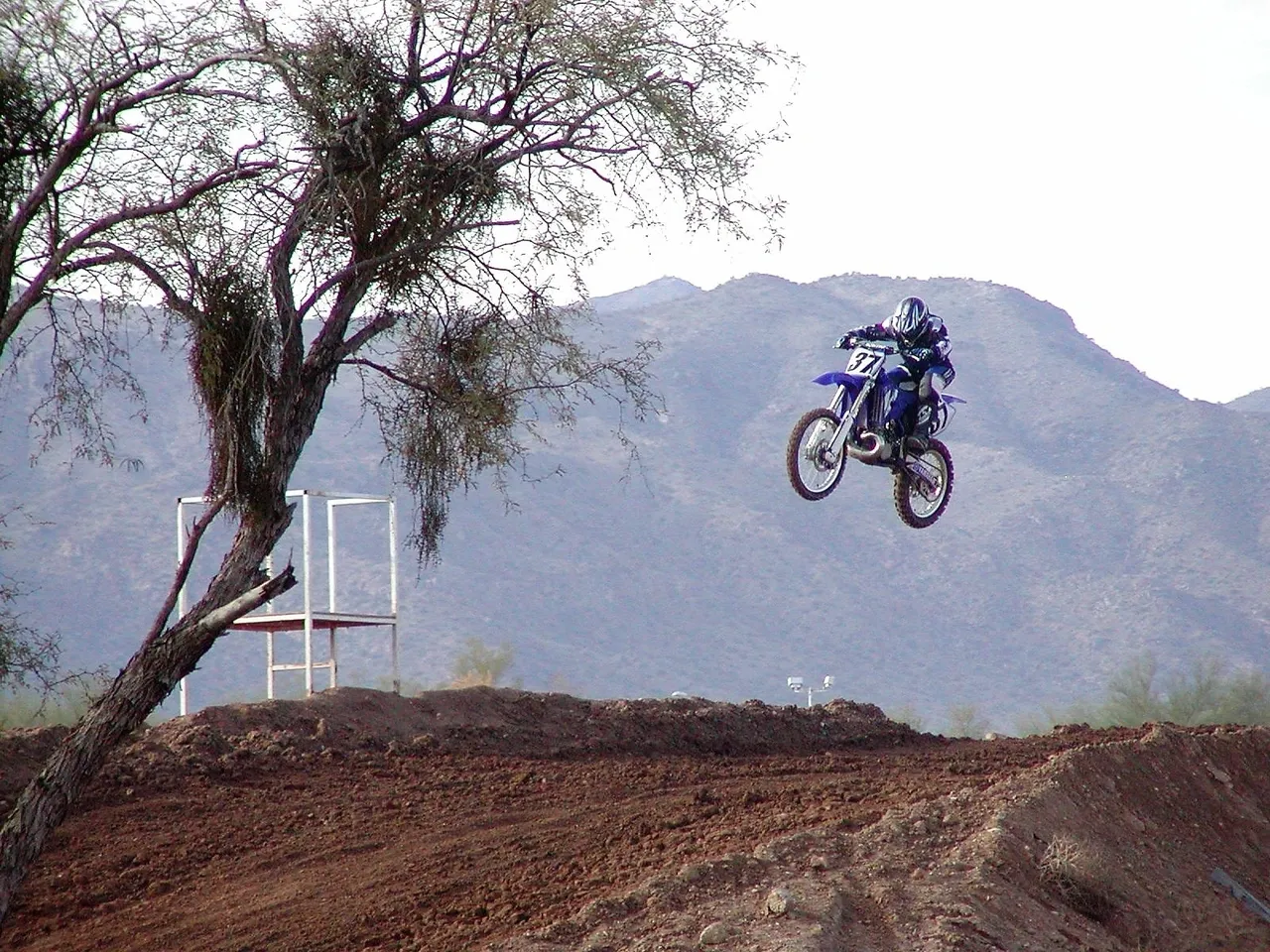 A person on a dirt bike jumping over some trees