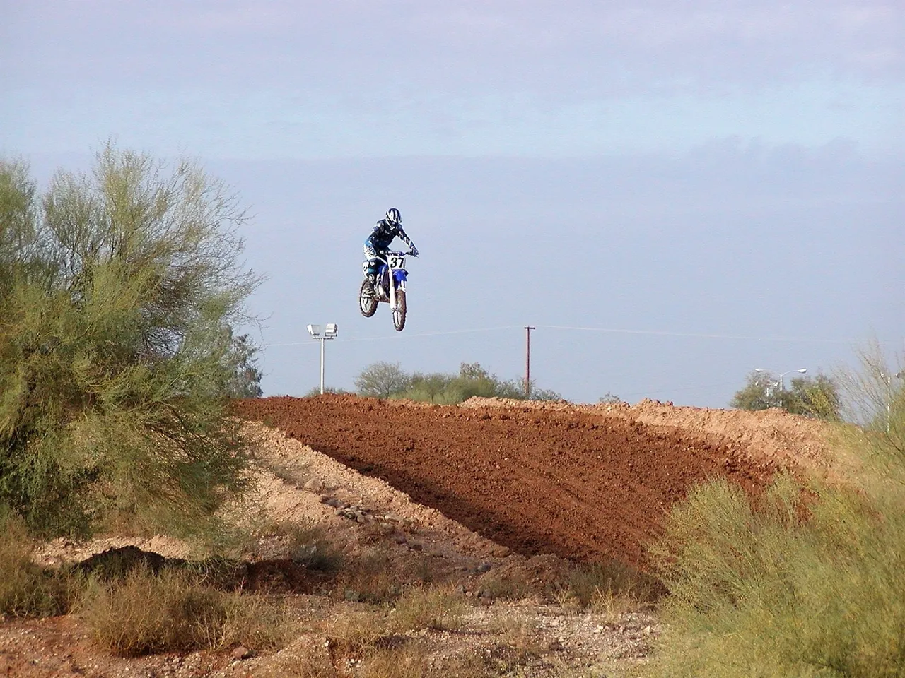 A person on a dirt bike jumping over some trees